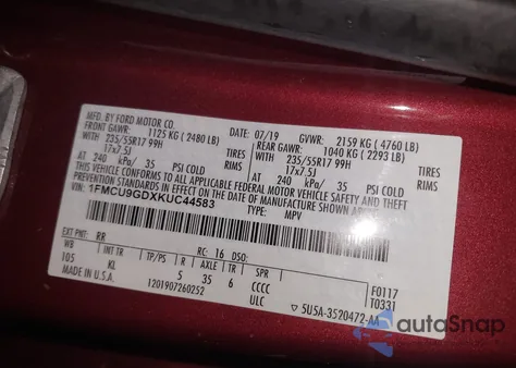 2019 Ford Escape Se from USA, damaged, VIN 1FMCU9GDXKUC44583